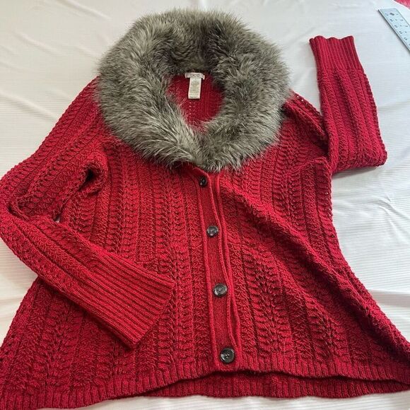 Cache Red Faux Fur Sweater Cardigan Size XL - Picture 6 of 9
